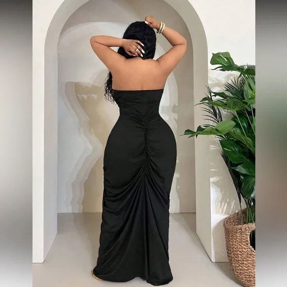 Black Backless Lace Halter Gown - Picture 2 of 8